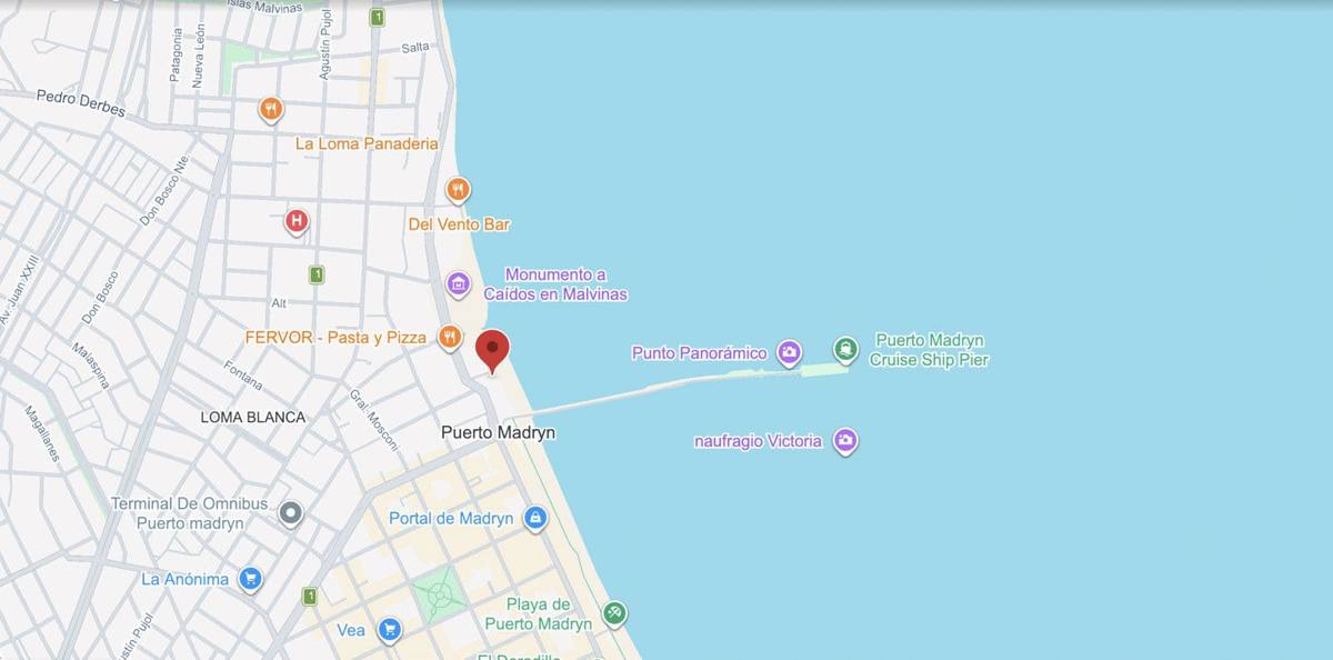 Mapa de Puerto Madryn con el punto de encuentro de Alavista en el Muelle Luis Piedra Buena